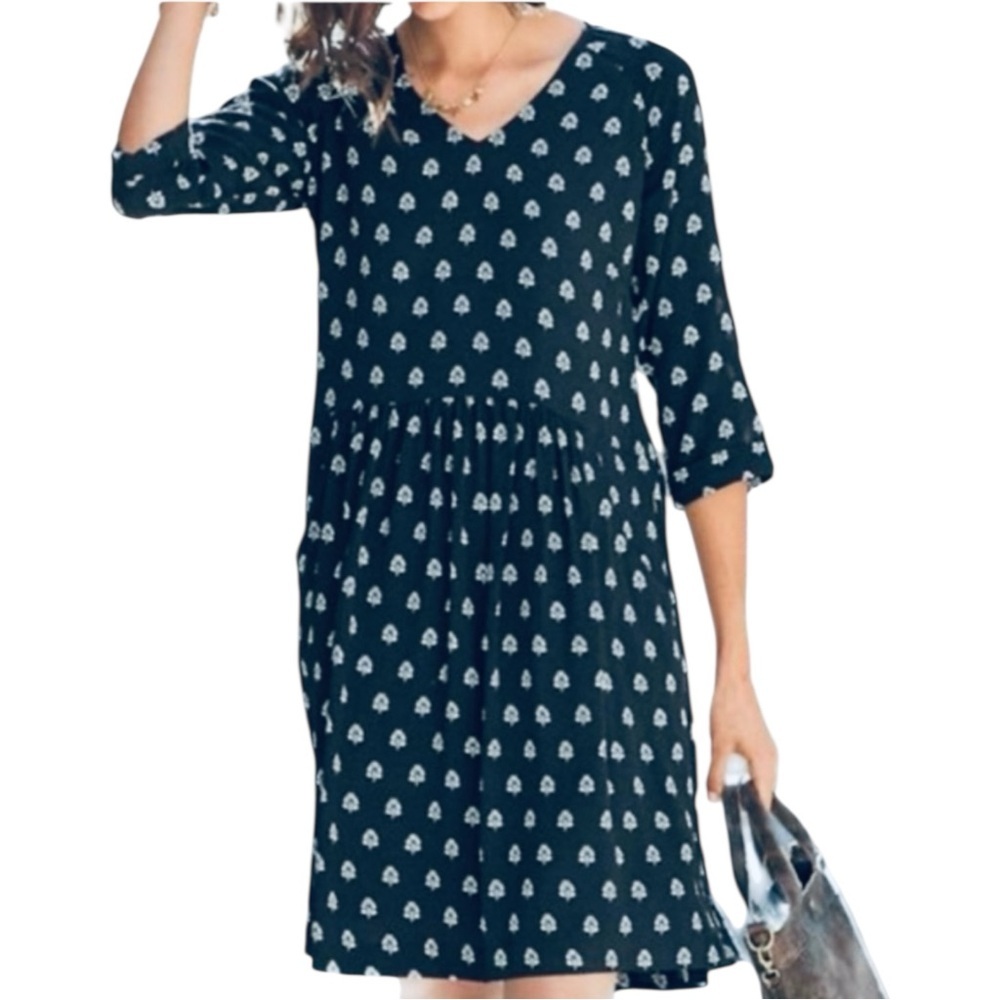 Garnet Hill Floral Print Navy Blue 3/4 Sleeve Boho V-Neck Pull On Dress